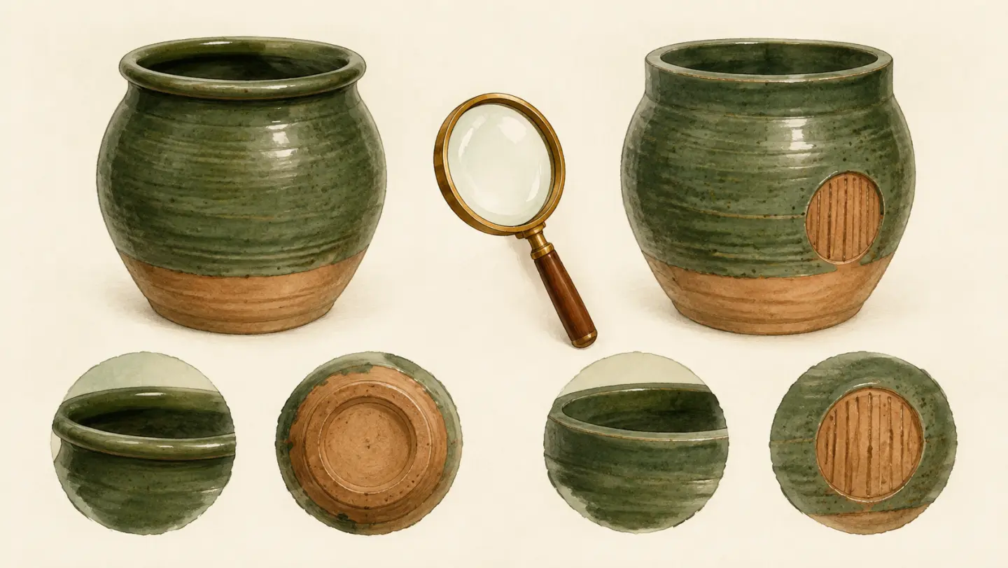 Two ceramic vessels shown for comparison of their rim and base details.