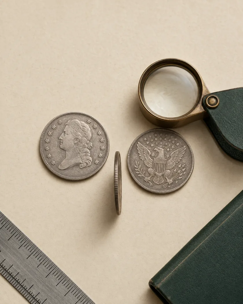 Illustration of coins and a magnifier on a documentation surface.
