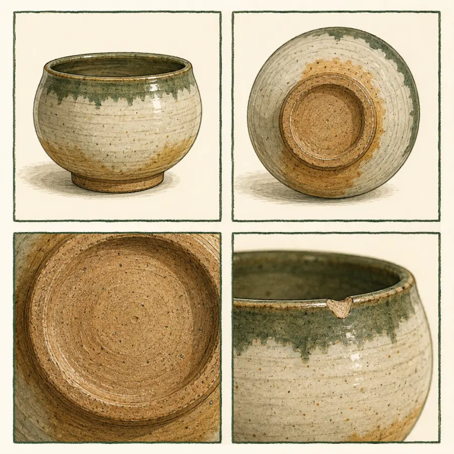 Four views of a ceramic item: whole object, underside, interior detail and a small chip.